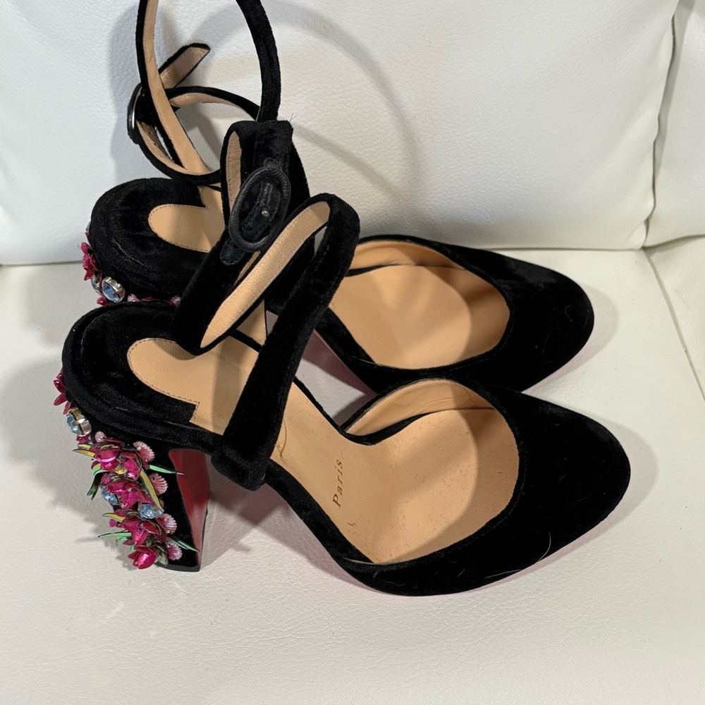 Christian Louboutin Black Velvet Heels with Floral Accents! - Picture 4 of 8